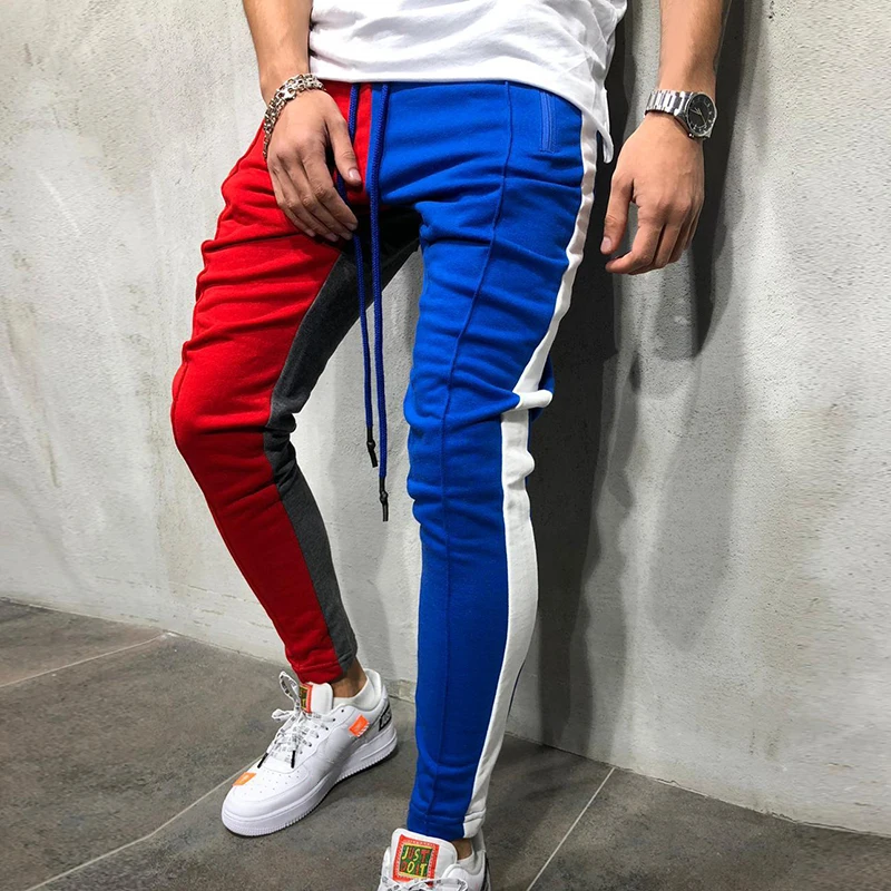 

2019 Spring Man Color Block Patchwork Pant Men Winter Casual Sweatpants Slim Long Trousers Men's Gym Striped Drawstring Pants