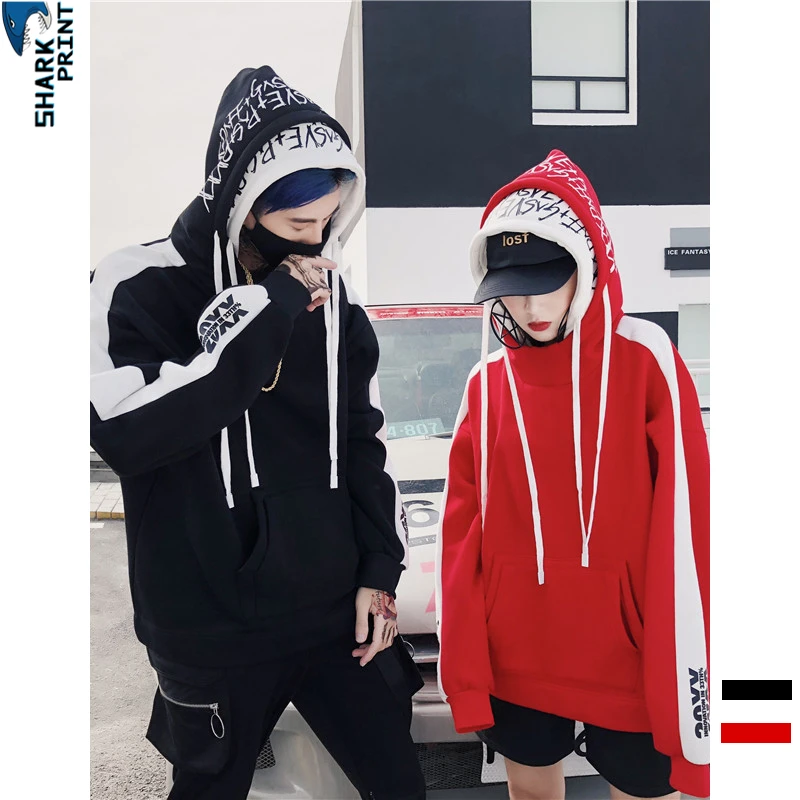 SharkPrint Hip Hop Skateboard Hoodie Street Dance Double Cap Fleece Autumn Winter Oversize Men Women Sports Jacket Casual Coat