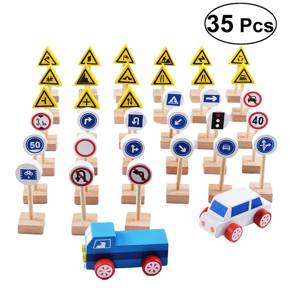 35pcs Wooden Educational Traffic Signs Street Signs Playset Toy