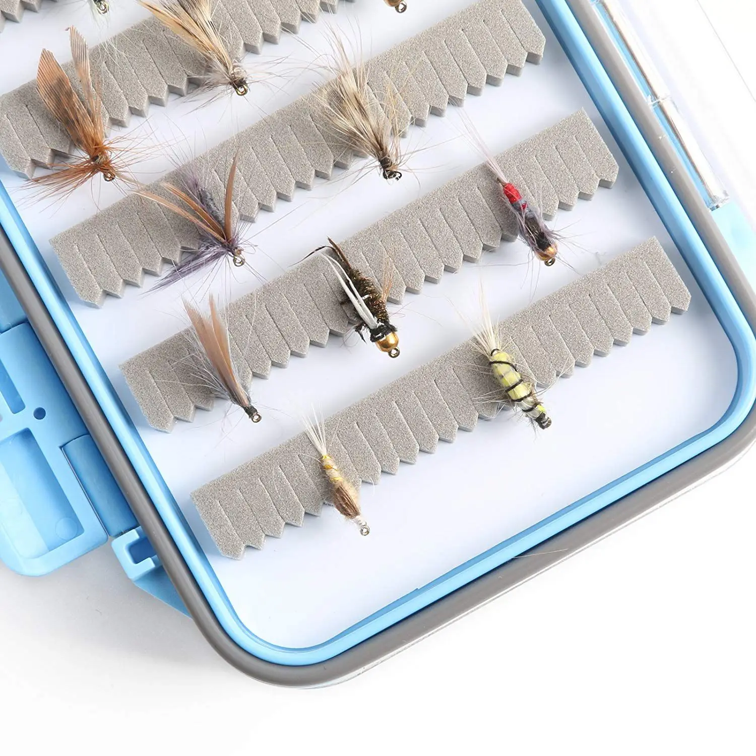 HOT-Two-Sided Waterproof Fly Box Slit Foam Fly Fishing Box Blue + transparent