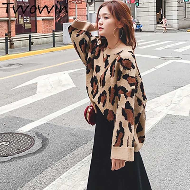 

2019 New Fashion Leopard Print Loose Oversize Sweater Female's Long Sleeve Large Size Knit Tops Vestido L332