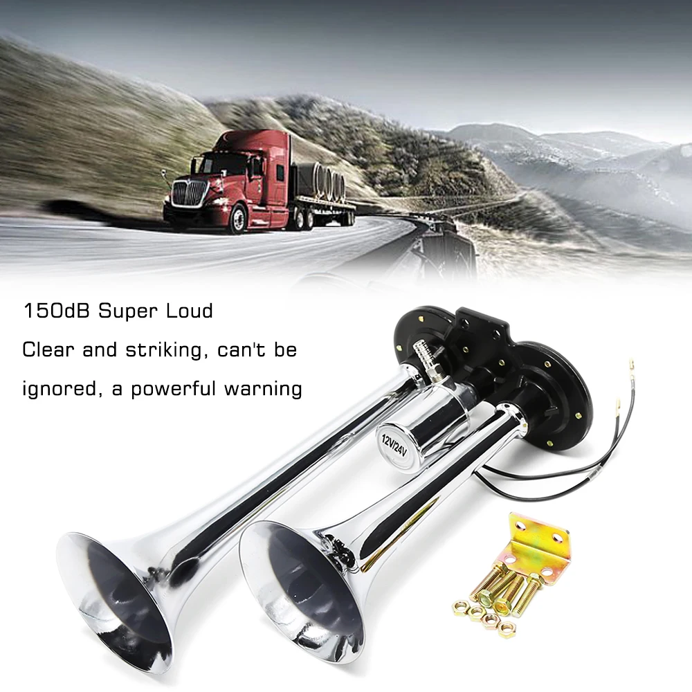 

150dB 12V/24V Universal Dual Trumpet Electric Horn Loud Chrome Air Horn Speaker Kit for Train Truck Lorry