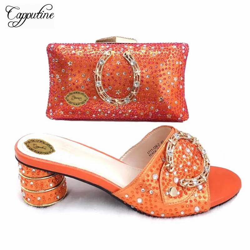 

2019 High Quality African Wome Orange Color Shoes And Bag Set Decorated With Rhinestone Italian Pumps Shoes With Bag Set TX-199