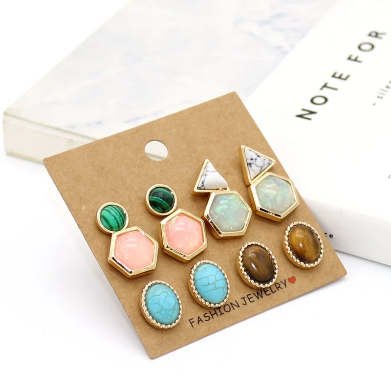

6paris/pack Natural Stone Stud Earrings Geometry Round Hexagon Triangle Stud Brincos Pendientes Party Jewelry Stud Set