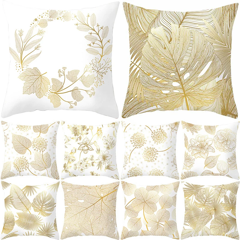 

New Decorative Polyester 1PC Throw Pillows Leaves Soft Home Golden 45*45CM Flowers Pillow Case Cover