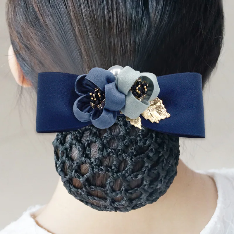 

Boutique Office Women Bow Nets Color Ribbon Floral Cloth Hair Bun Bank Hotel Staff Bowknot Hair Clips Flowers Snood Accessories