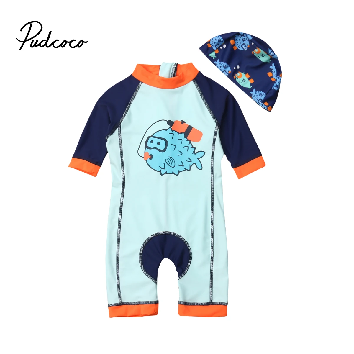 

2019 Brand New 1-6Y Infant Kids Baby Boy Sun Protection Swimwear One-Piece +Cap 2PCS Cartoon Fish Zipper Swimsuit Bathing Suit