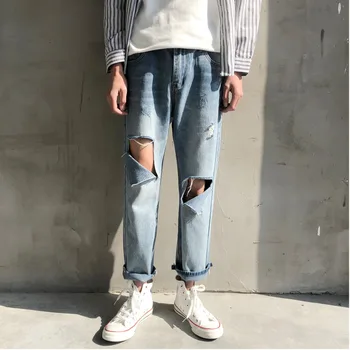 

Summer New Jeans Men Fashion Washed Solid Color Casual Torn Holes Denim Pants Man Streetwear Hip Hop Loose Trousers Male Clothes