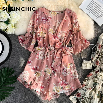 

Bohemian Holiday Beach 2019 Summer Rompers Floral Print Elastic Waist Ruffles Playsuits Women V-Neck Flare Sleeve Jumpsuits