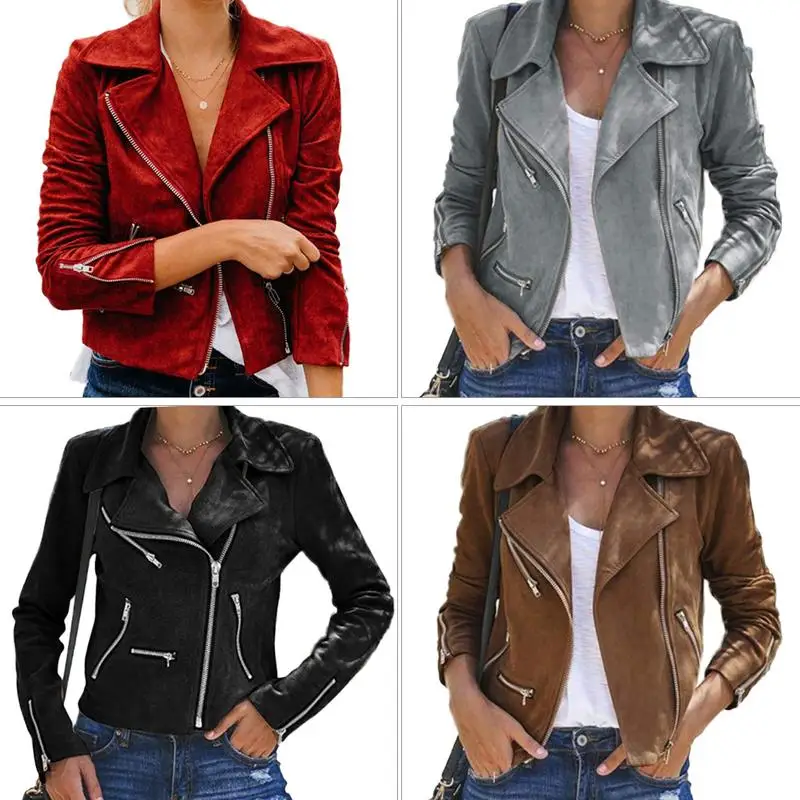 NEW Pu Leather Jacket Women Fashion Bright Colors Black Motorcycle