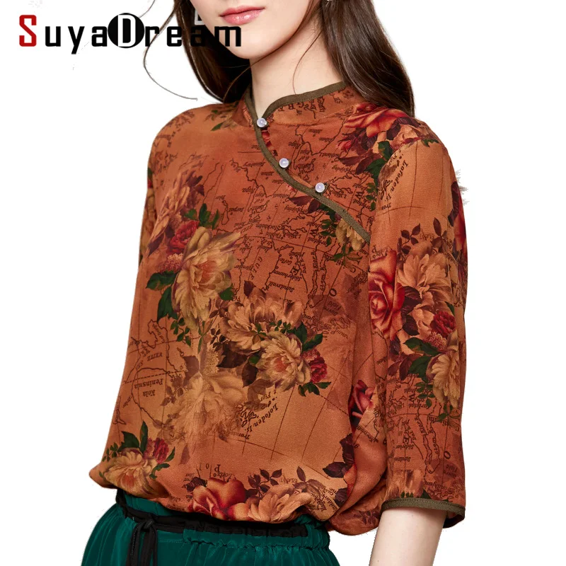 

Women T shirt 100%Silk Crepe Printed T shirts Chinese Vintage style Stand Collar Half sleeved 2019 Spring new Top