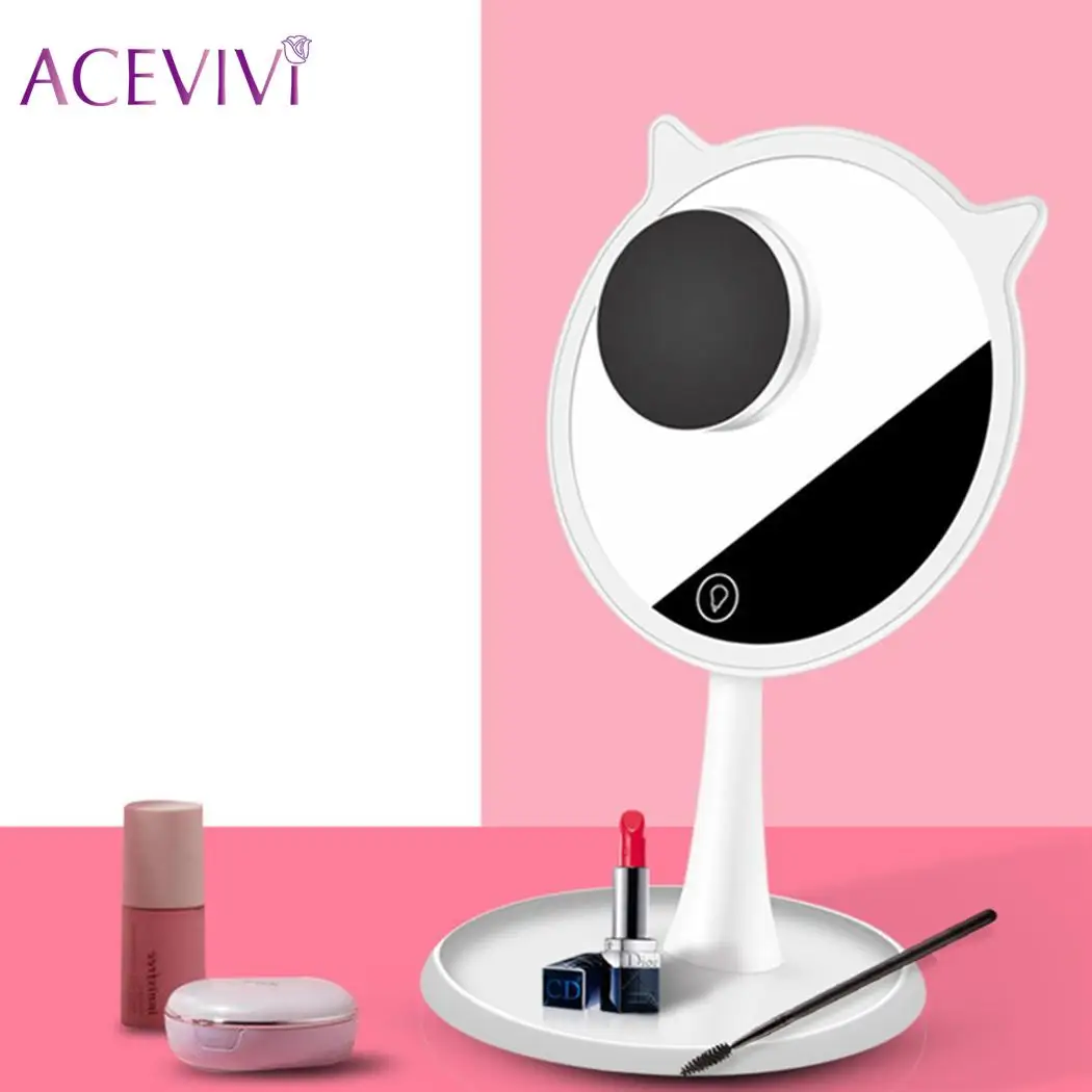 Rechargeable 90 Degree Cute Makeup Mirror Home With LED Touch Light Cat Ear Vanity Cosmetic hand