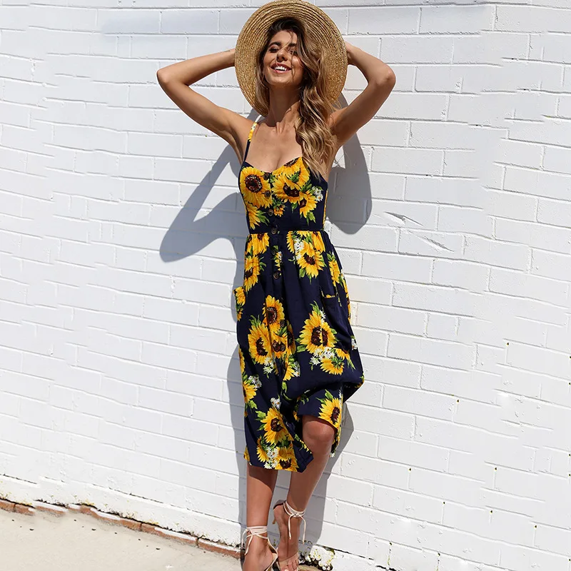 

2019 New Women Fashion Sleeveless Floral Printed Sexy Straless Beach Dresses Summer Casual Striped Pocket Button Dress Vestidos