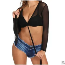 Women Summer Clothes Mesh See-through Long Sleeve crop top Solid Sexy Bandage deep v neck Short T-shirt Tops Front Knot Tie Tees knot front spot crop top