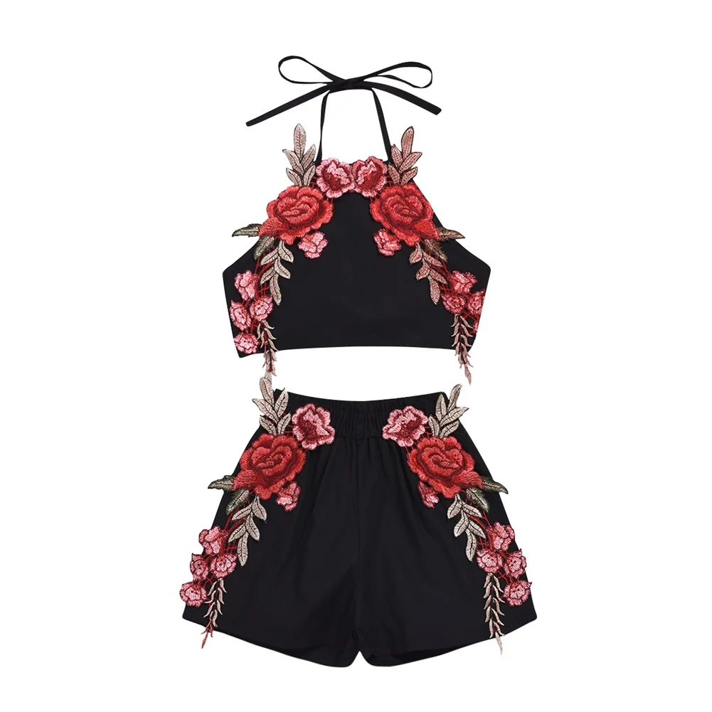 

Embroidery Flower Newborn Toddler Kids Baby Girl Strap Crop Tops Shorts Pant Bottom 2PCS Outfits Summer Clothes Set