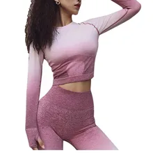2Pcs Gradient Yoga Set Gym Workout Clothes For Women Sports Long Sleeve Fitness Clothing Energy Seamless Hip Push Up Leggings