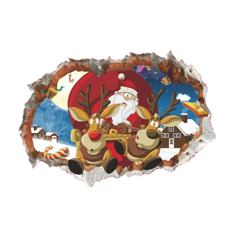 3D Wall Stick Christmas Decoration Removable 3D Broken Wall Santa Claus Reindeer Wall Sticker Wallpaper Wall Decor Decal