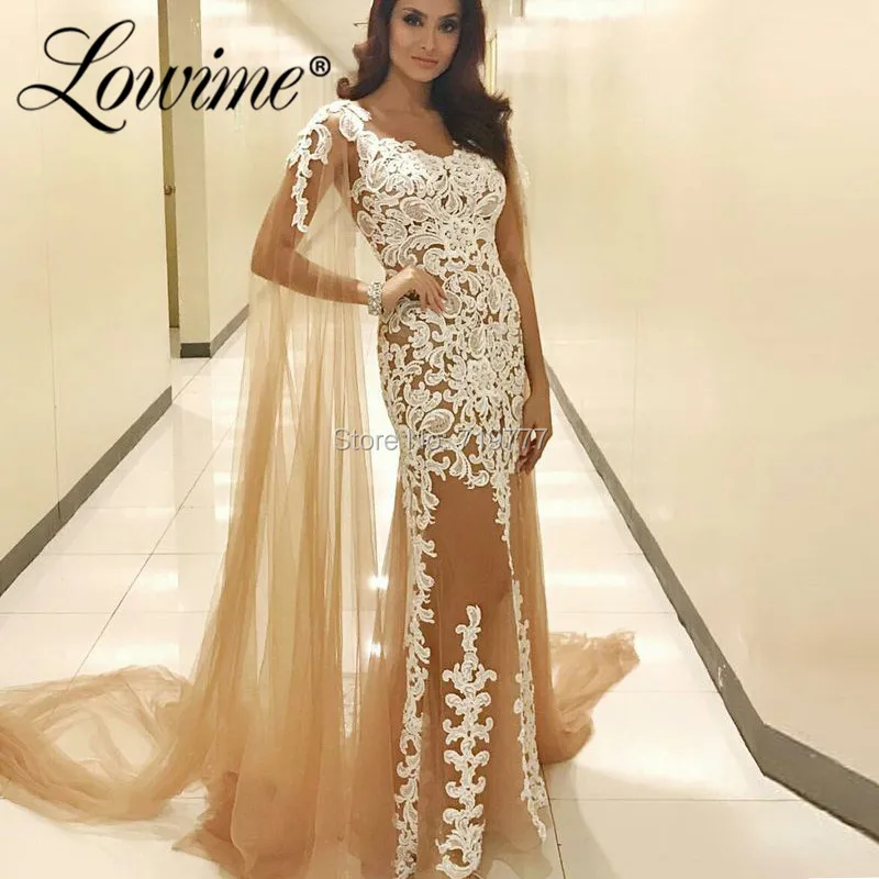 

Champagne Kaftans 2019 Dubai Evening Dresses Arabic Turkish Pageant Party Gowns Robe De Soiree Mermaid Lace Applique Prom Dress