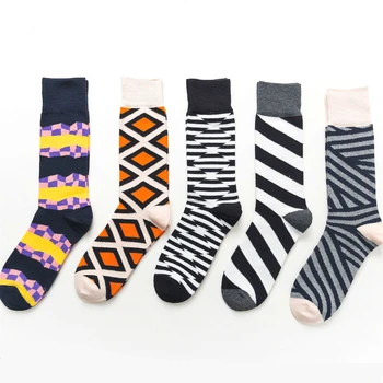 

PEONFLY New Colorful Men Combed Cotton Trendy Socks Funny Casual Crew Skateboard Socks Novelty Colorful Geometry Striped Socks