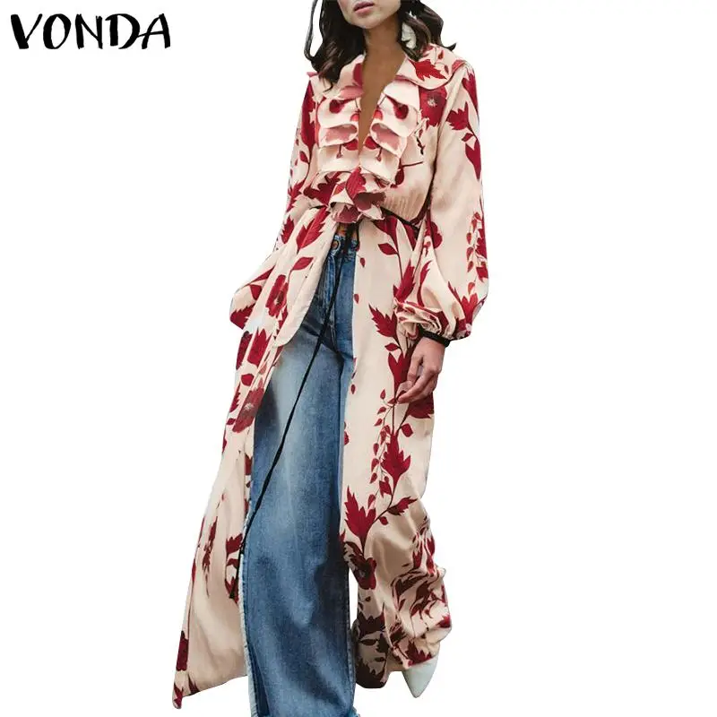 

VONDA Women Floral Printed Blouses 2019 Sexy V Neck Long Sleeve Casual Loose Ruffle Shirts Vintage Plus Size Long Tops