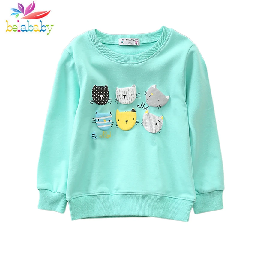 

2019 4 Colors Spring Cartoon Long Sleeve Sweatshirts Cotton Cats Hoodies for Baby Girls O-Neck Sports Girls Kids Hoodies Clothes