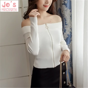

2019 Korean Solid Knitted Women Sweaters Ladies Sexy Slash Neck Long Sleeve Knitting Sweater Female Off Shoulder Slim Basic Tops