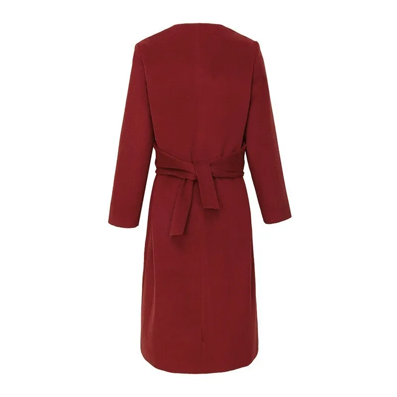 TWOTWINSTYLE Autumn Winter Women's Wool Coats V Neck Long Sleeve High Waist Bandage Coat Female Fashion Casual Clothes New