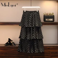 XL-4XL плюс размеры для женщин в горошек юбки для лето Мода Eelastic Высокая талия по колено каскадные рюшами плиссированные