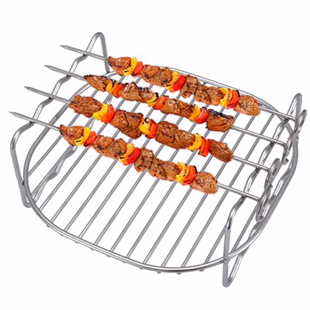 

New 8 inch 8'' Stainless Steel Double Layer BBQ Rack + 4 BBQ Stick Replacement Roasting Cooking Grilling Skewers Baking