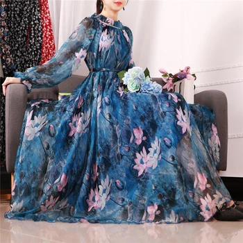 

Fashion Floral Print Long Sleeve Dress Women's Summer Chiffon Dresses 2019 New O-neck A Line Party Dress Vestidos