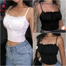 Сексуальные женские винтажные без рукавов Strappy Ruffle Crop Tops tank vest Camisole Top