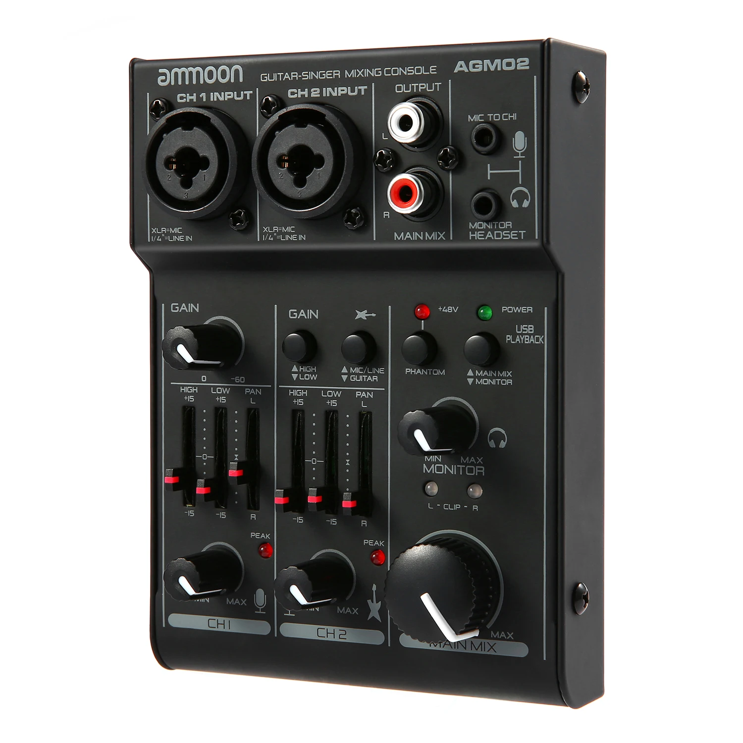 

ammoon AGM02 Mini 2-Channel Sound Card Mixing Console Digital Audio Mixer 2-band EQ Built-in 48V Phantom Power 5V USB Powered