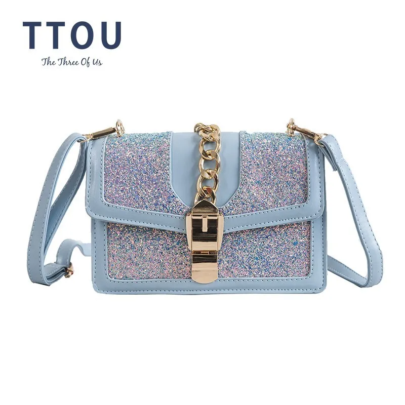 

TTOU 2019 Summer Women Flap Bag Sequined Chain Shoulder Bag PU Leather Small Handbags Candy Color Crossbody Bag bolsa feminina