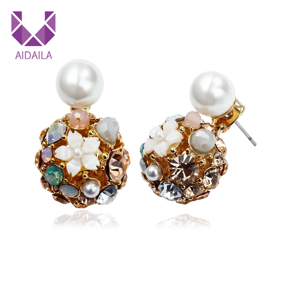 

Women Earrings jackets with Flower and Pearl Rhinestone Double Ball New Fashion Design Brinco Pendientes Gold Color Gift Party