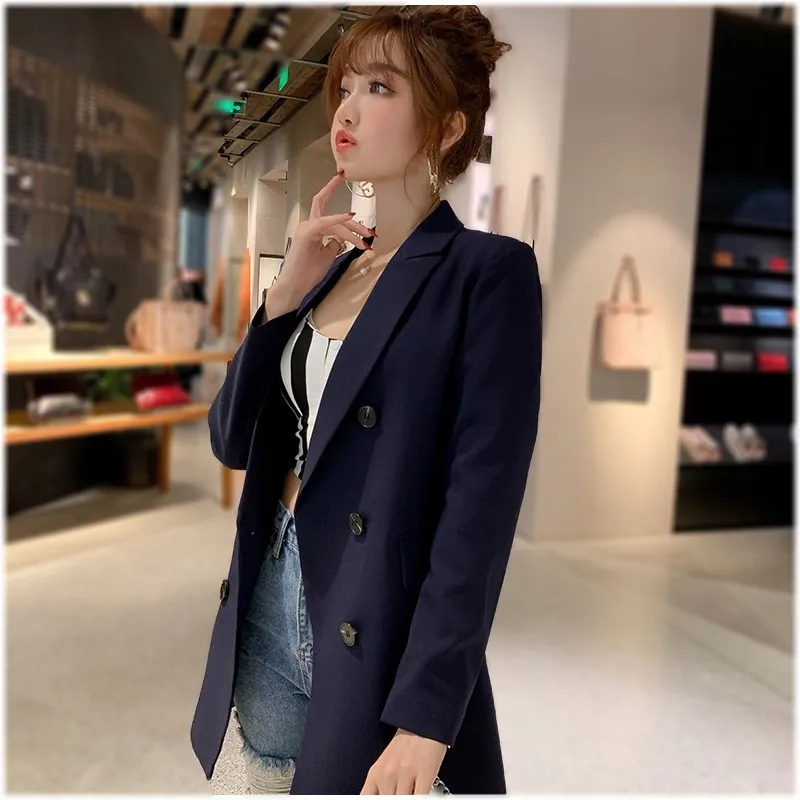 Double Breasted Spring Workwear Office Long Blazer Button Women Jacket Black Slim Outerwear