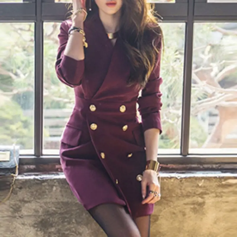 

Elegant Women Office Work Dress V Neck Long Sleeve Double Breated Vintage Dress Formal Business Party Bodycon Dress