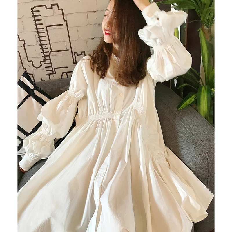 

[EWQ] 2019 Spring New White Long Sleeve Maxi Shirt Beach Loose Big Size Dress For Women Party Evening MC09700