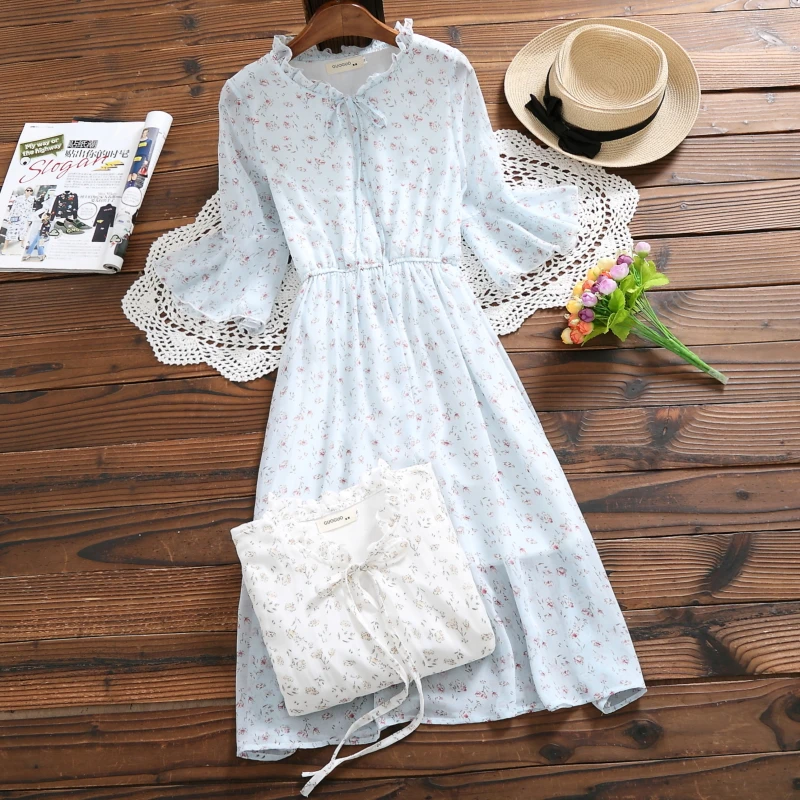 

Women Short Sleeve Summer Dress 2019 Fashion Mori Girl Sweet Vestidos Female Bow Neck Chiffon Floral Printed Vintage Dresses