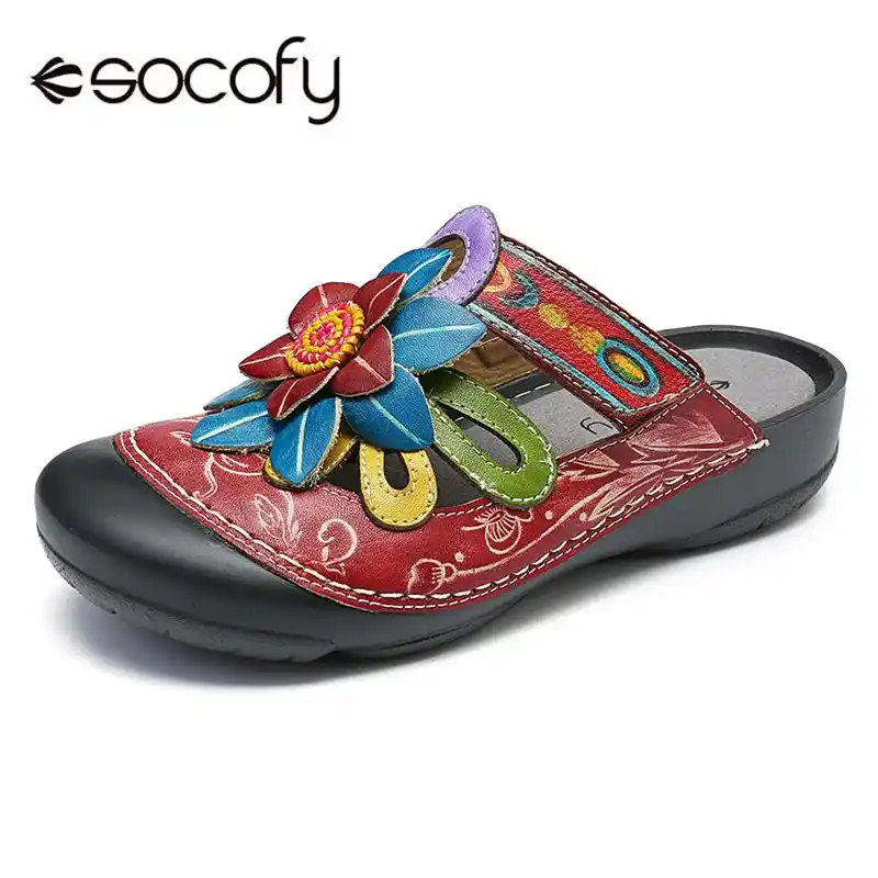 SOCOFY Women Vintage Buckle Genuine Leather Splicing Flowers Veins Zipper Shoes