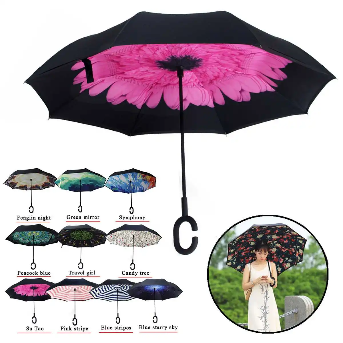 

80x107cm C-Handle Umbrella Double Layer Rain Parasol Inside-Out Folding Inverted Reverse Waterproof Anti-UV Hand Free Pattern