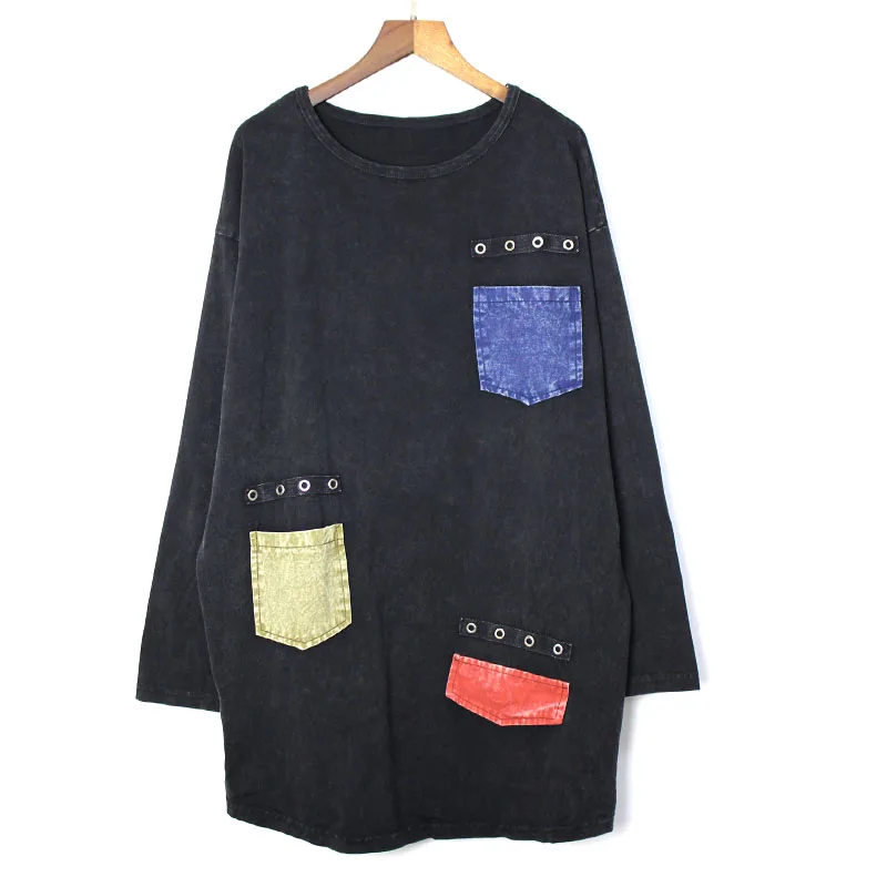 

Spring Summer 2019 New Casual Tee Europe Fashion Full Sleeve O-Neck Contrast Color Pocket Pullover T-shirt