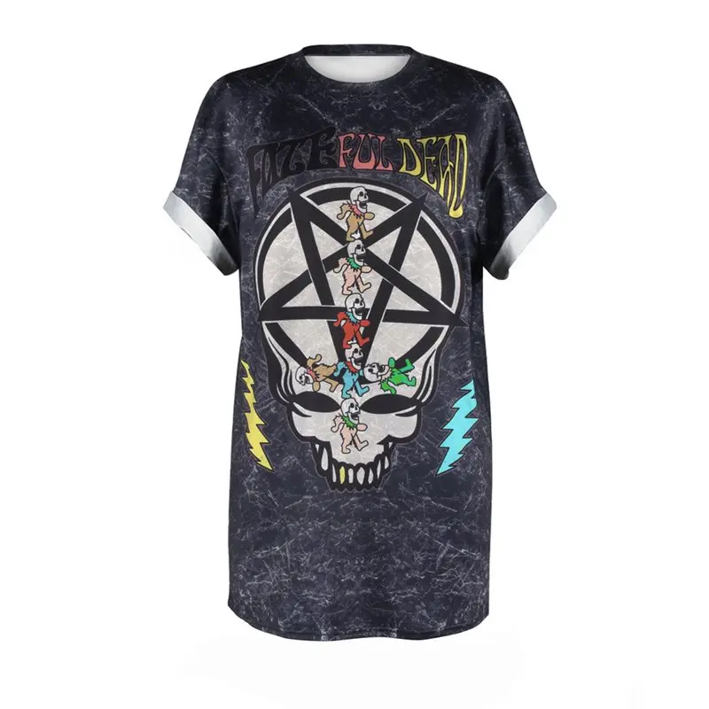 

Rosetic Women Tshirts Casual Gray Gothic Punk Sexy Plus Size Loose 3D Skull Print Summer Cute Hip Hop Female Pentagram Hot Tops