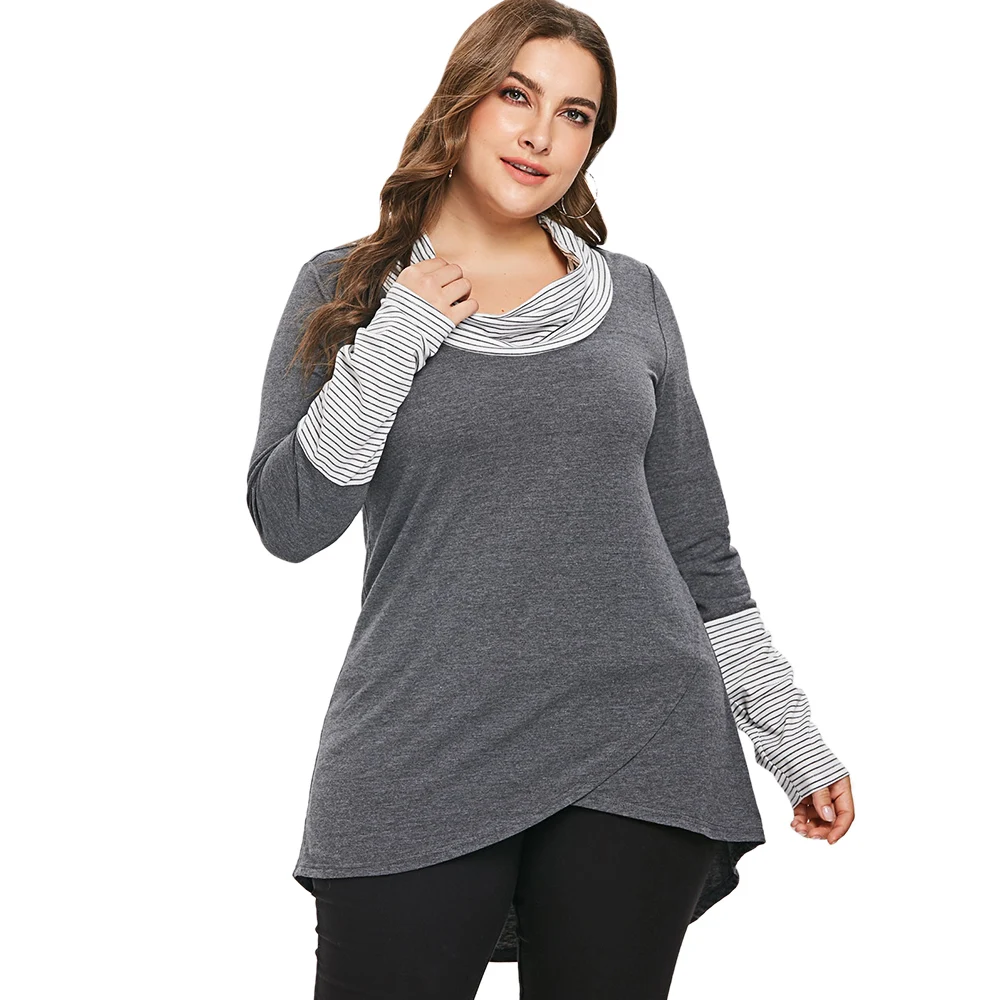 2019 cowl neck long sleeve asymmetrical t shirt