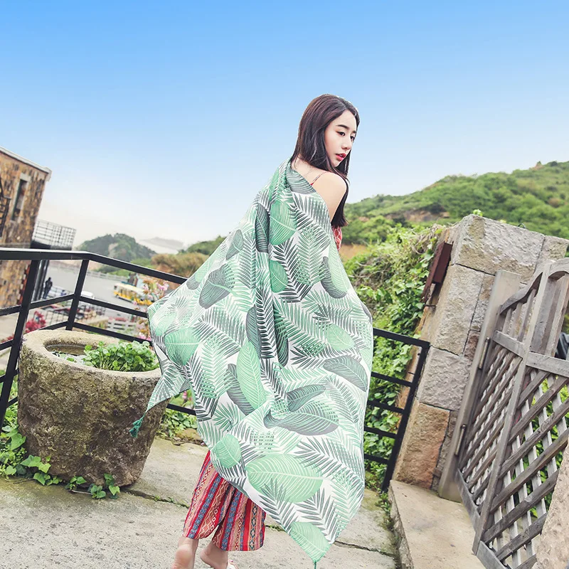 

LEAYH Brand Green Feather Printed Cotton and Linen Scarf For Women Fashion Summer Sunscreen Beach Towels Long Shawls