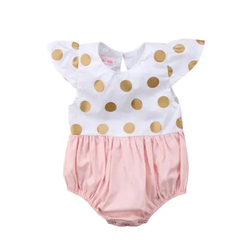 Одежда для маленьких девочек Одежда для новорожденных из хлопка с короткими рукавами и золотыми точками на расшитое боди, комбинезон, летняя одежда, комплект