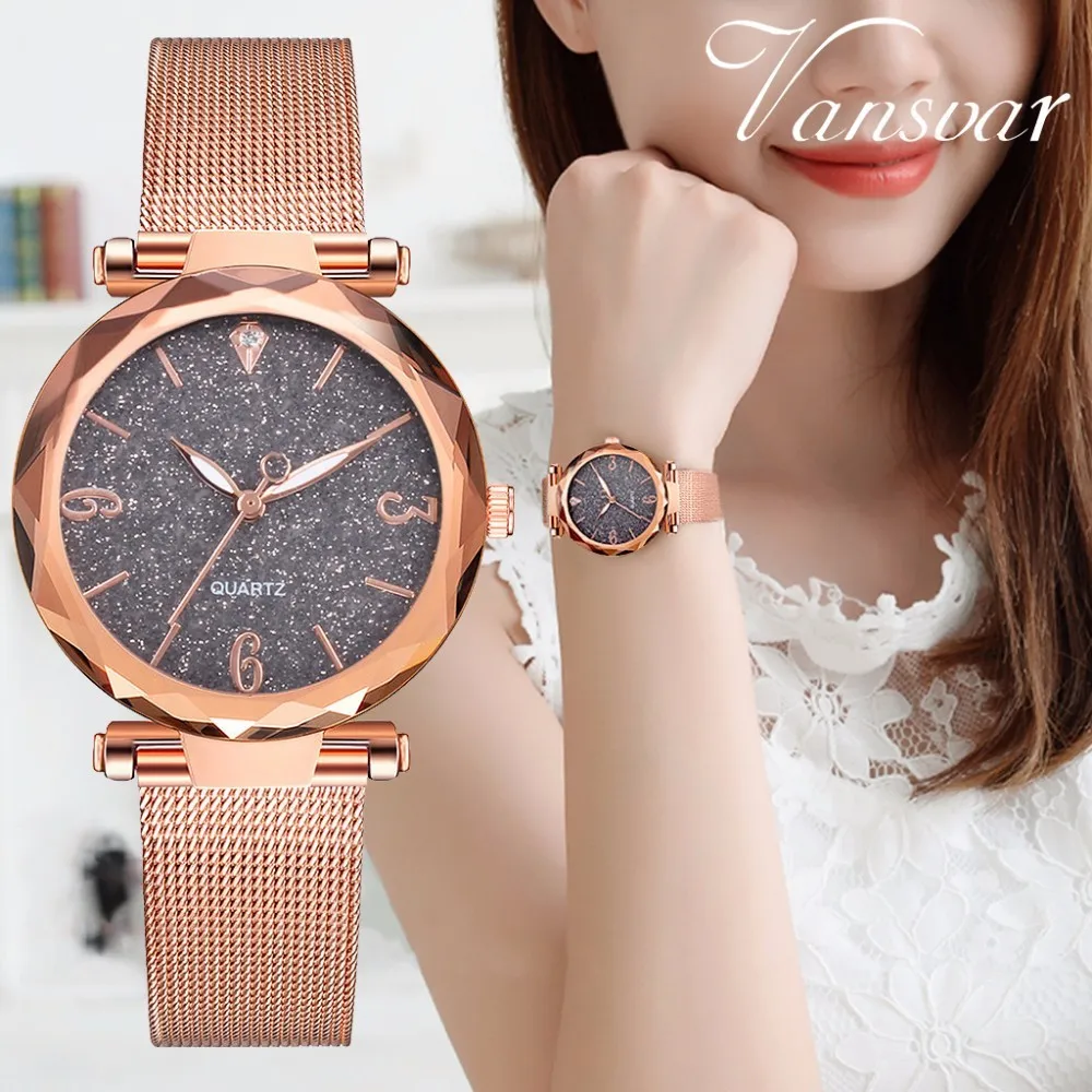 

Vansvar Brand Fashion Women Rose Gold Starry Sky Watch Luxury Ladies Stainless Steel Mesh Quartz Wrist Watch Relogio Feminino