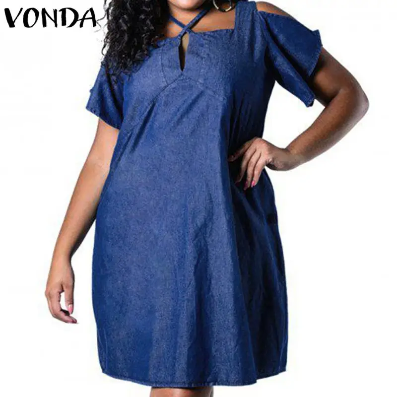 

VONDA Women Sexy Knee-length Dress 2019 Summer V Neck Off Shoulder Flare Sleeve Casual Denim Blue Beach Plus Size Vestidos 5XL