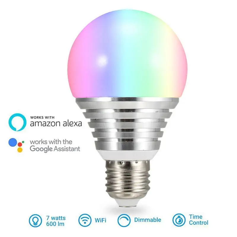 

7W Smart WiFi Light Bulb E27/E26/E14/B22 Colorful LED Lamp Compatible with Alexa and Google Voice Control Dimmable RGBW LED Bulb
