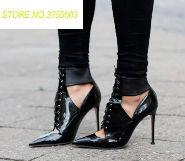 

Black Patent Leather Women Lace Up Pumps Ankle Wrap Female Sexy Stiletto Cut Out Style Ladies Pointy Toe High Heels