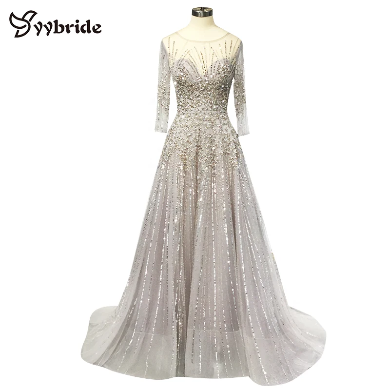 

YYbride New Design Luxury Crystals Prom Dresses Full Sleeves BlingBling Skirt Scoop Neck Beading Chapel Train Evening Dresses